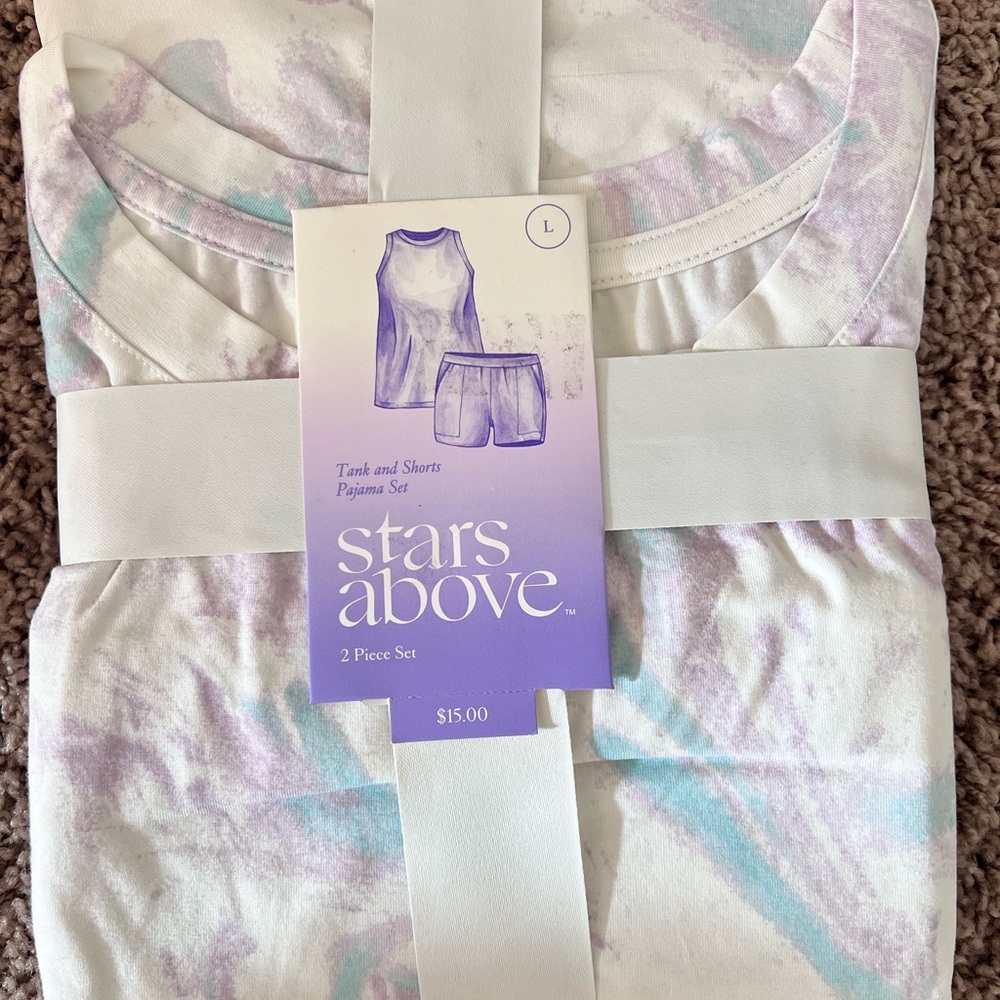 stars above White Tank & Shorts Pajama Set with Pastel Purple and Blue Tie-Dye